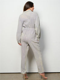WOMEN'S LONG SLEEVE BUTTON UP POCKETS WASHED JUMPSUIT