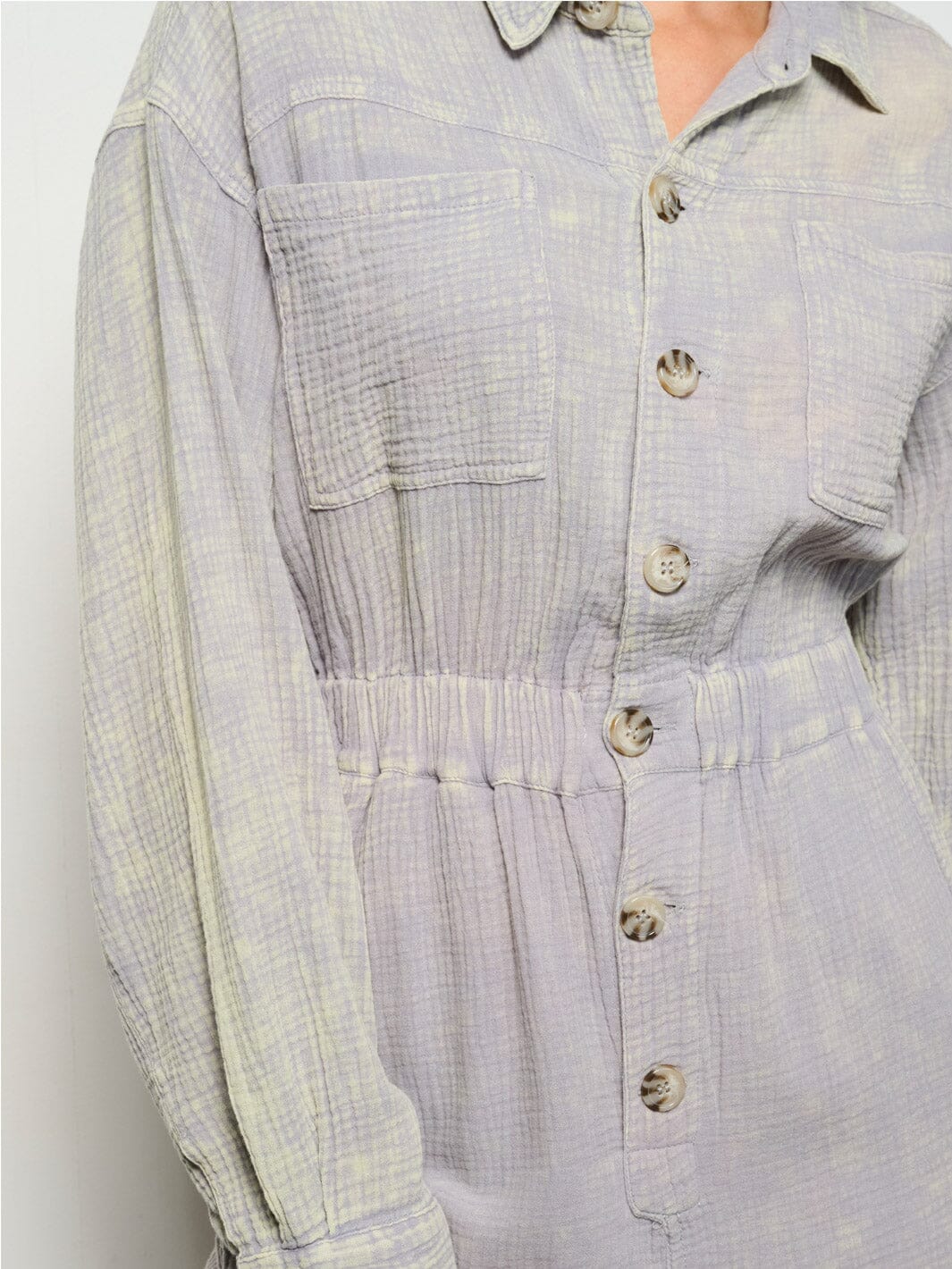 WOMEN'S LONG SLEEVE BUTTON UP POCKETS WASHED JUMPSUIT