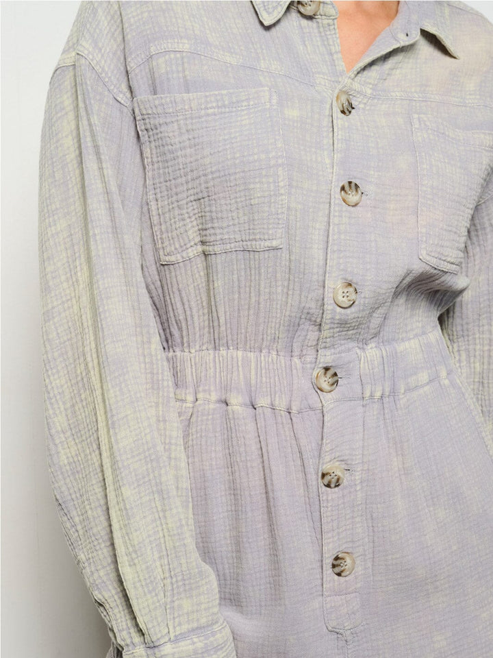 WOMEN'S LONG SLEEVE BUTTON UP POCKETS WASHED JUMPSUIT