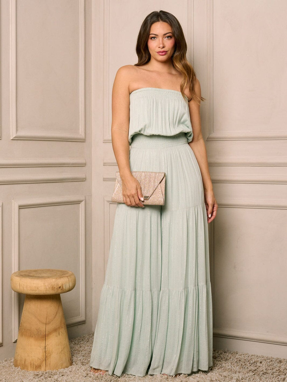 WOMEN'S SLEEVELESS SMOCK WAIST POCKETS WIDE LEG SHIMMER JUMPSUIT