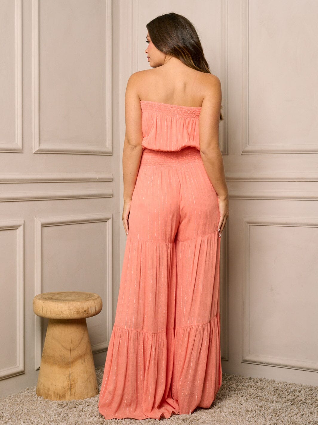 WOMEN'S SLEEVELESS SMOCK WAIST POCKETS WIDE LEG SHIMMER JUMPSUIT