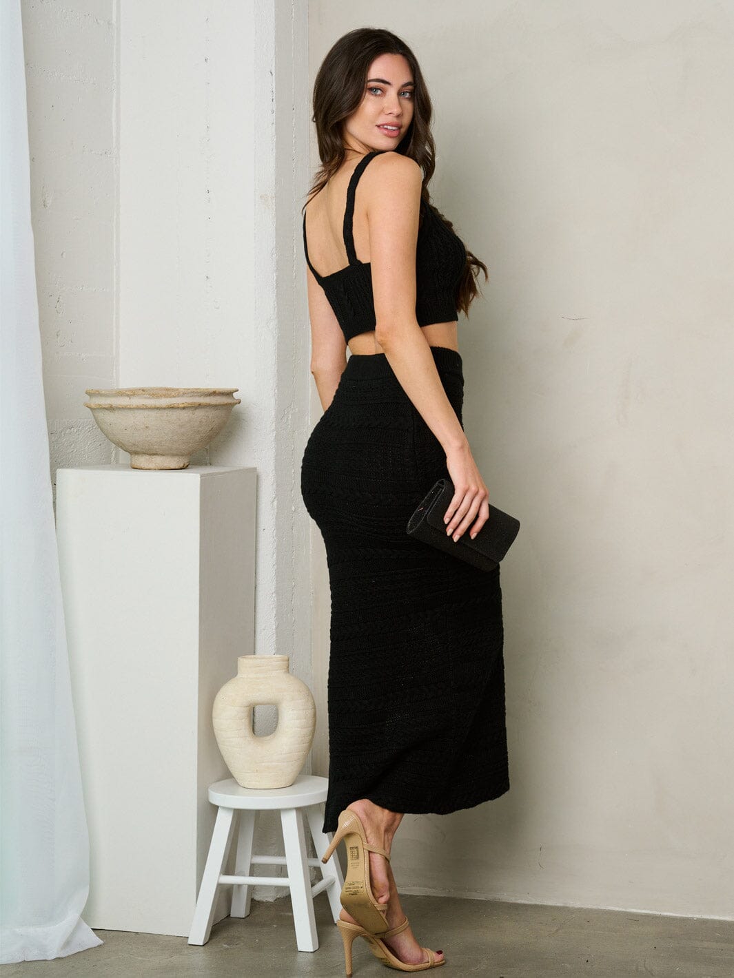 WOMEN'S SLEEVELESS CROP TOP & SIDE SLIT MIDI SKIRT SET