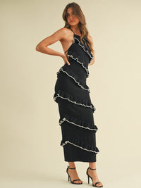 WOMEN'S SLEEVELESS HALTER NECK OPEN BACK TIERED RUFFLE BODYCON MAXI DRESS