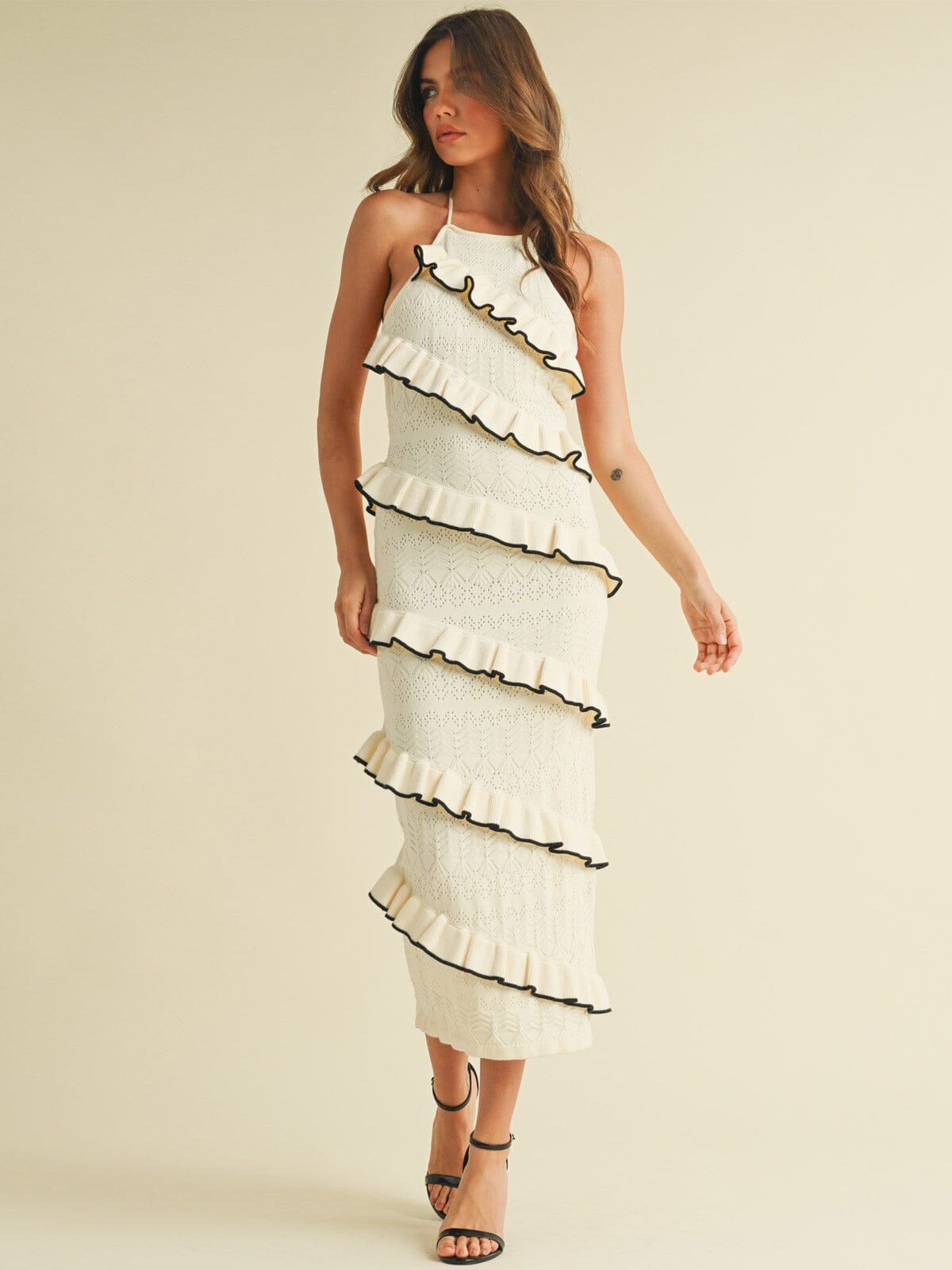 WOMEN'S SLEEVELESS HALTER NECK OPEN BACK TIERED RUFFLE BODYCON MAXI DRESS