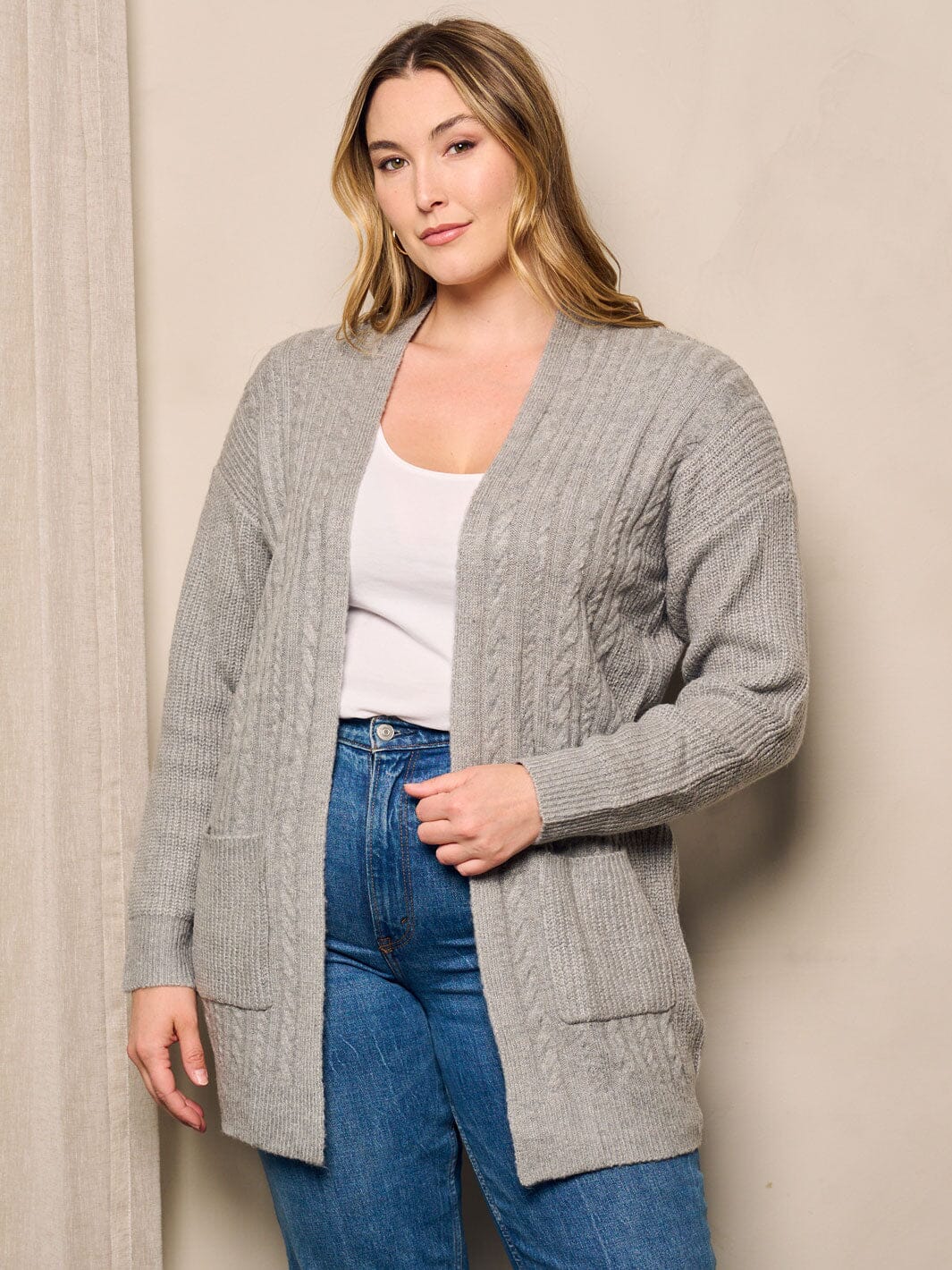 PLUS SIZE LONG SLEEVE OPEN FRONT POCKETS KNIT CARDIGAN