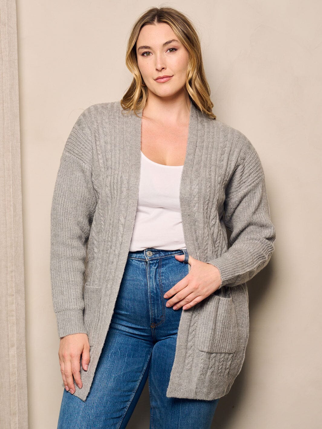 PLUS SIZE LONG SLEEVE OPEN FRONT POCKETS KNIT CARDIGAN
