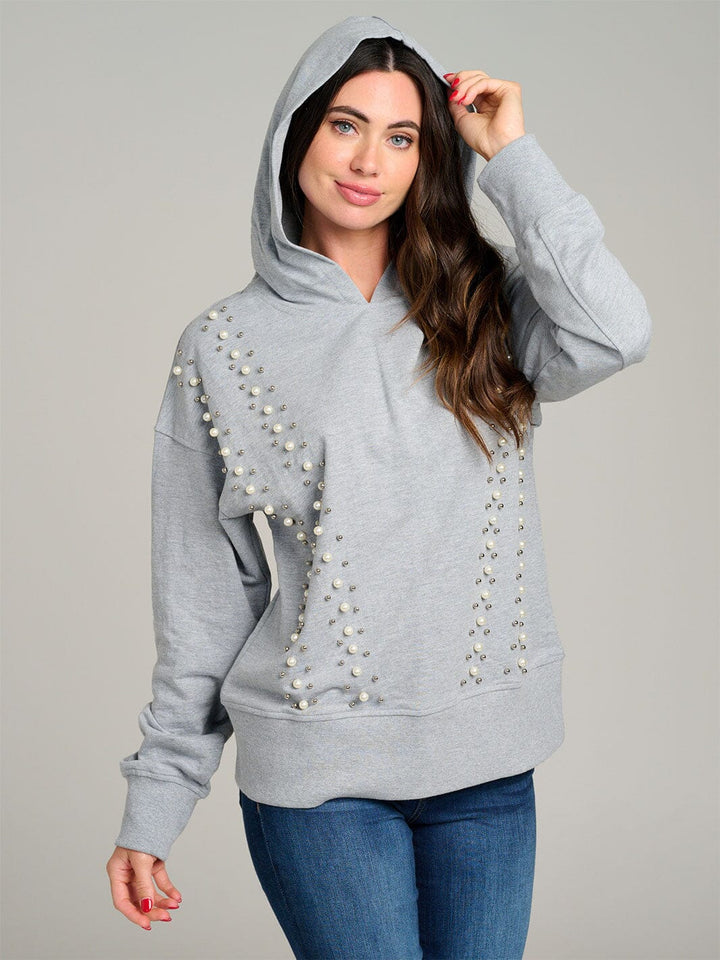 WOMEN'S LONG SLEEVE PEARL DETAILED HOODED PULLOVER SWEATER