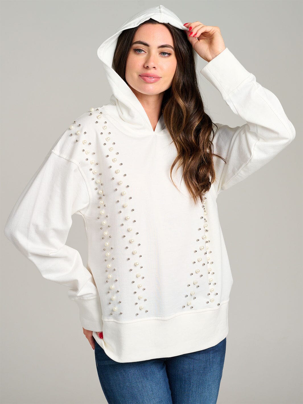 WOMEN'S LONG SLEEVE PEARL DETAILED HOODED PULLOVER SWEATER