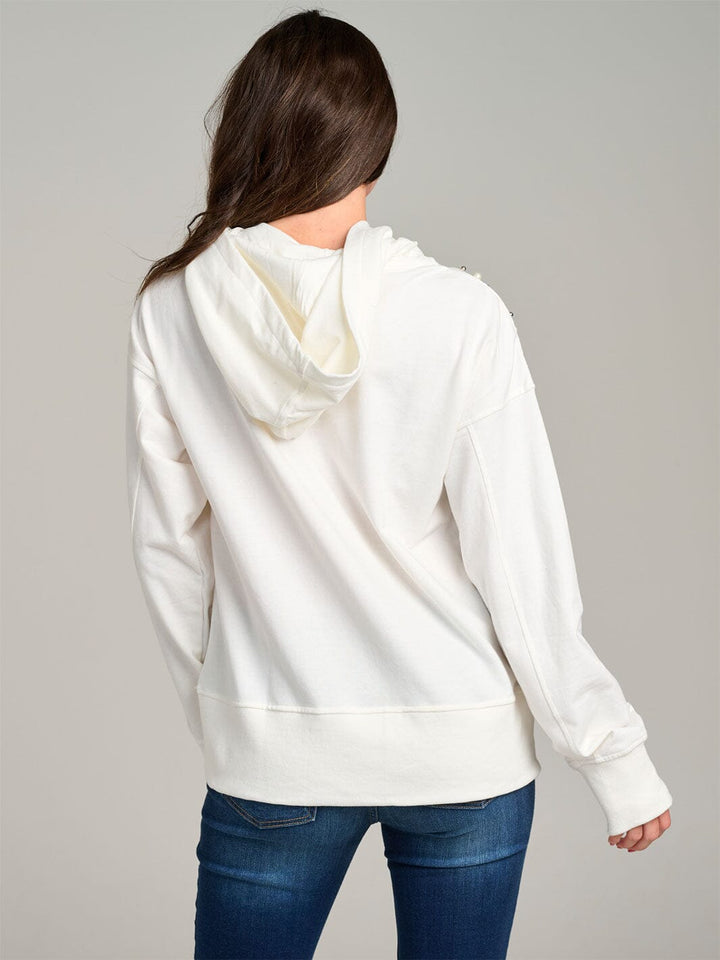 WOMEN'S LONG SLEEVE PEARL DETAILED HOODED PULLOVER SWEATER