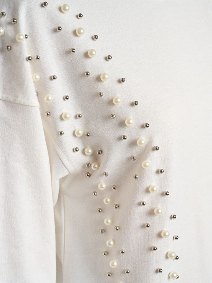 WOMEN'S LONG SLEEVE PEARL DETAILED HOODED PULLOVER SWEATER