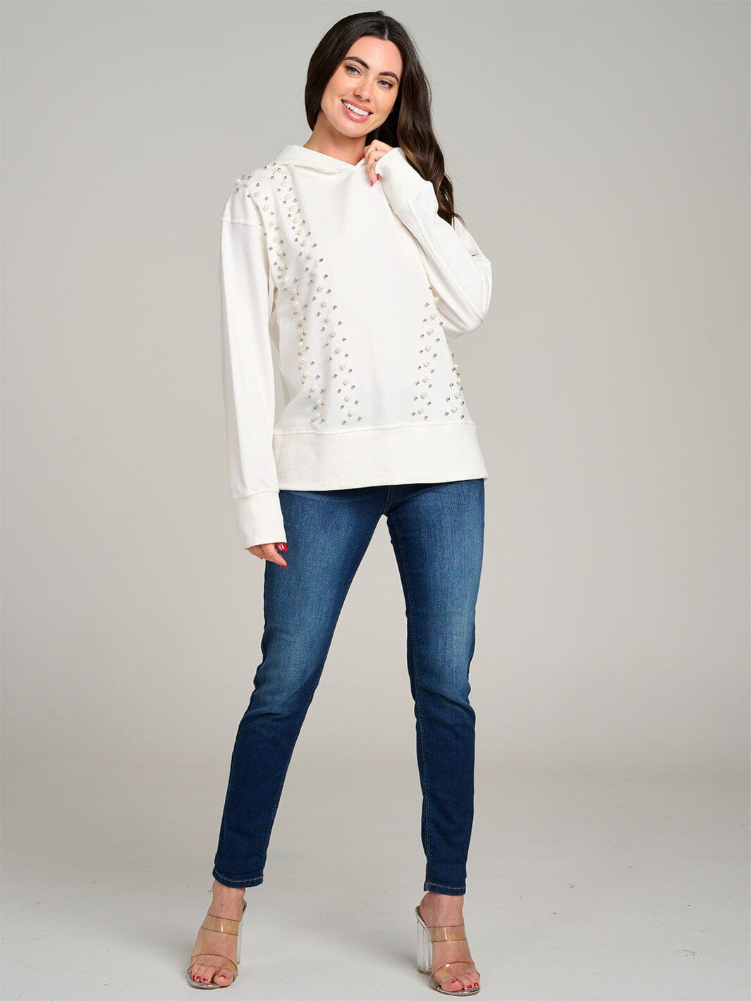 WOMEN'S LONG SLEEVE PEARL DETAILED HOODED PULLOVER SWEATER