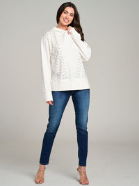 WOMEN'S LONG SLEEVE PEARL DETAILED HOODED PULLOVER SWEATER