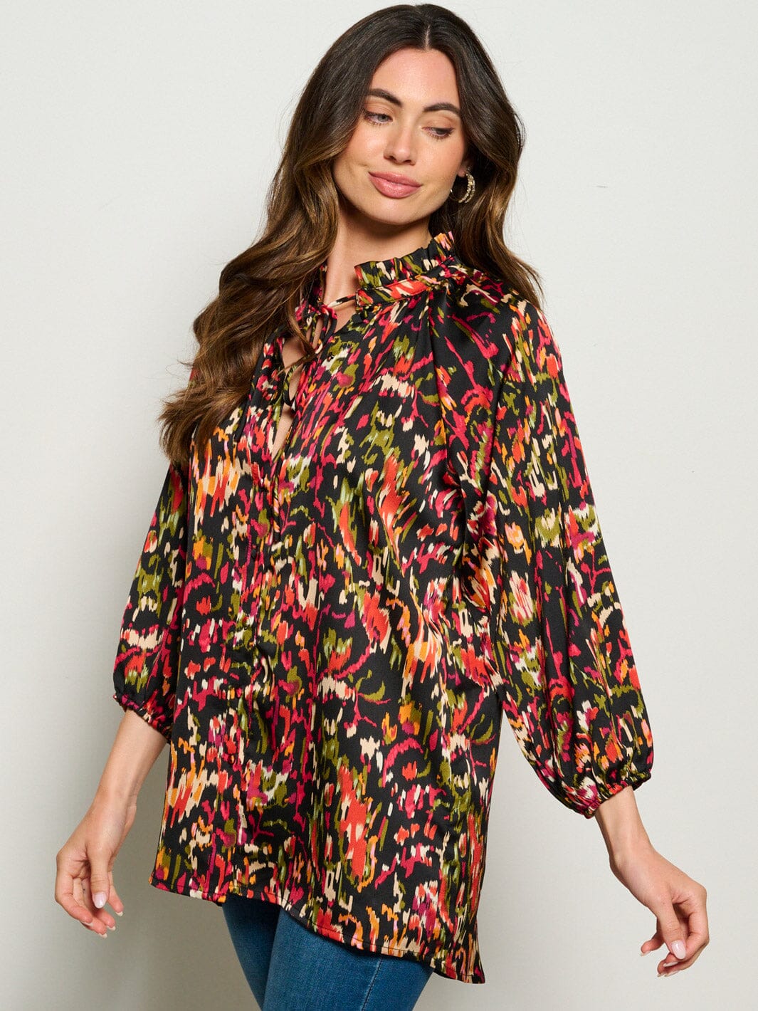 WOMEN'S LONG SLEEVE MUTI PRINT TUNIC BLOUSE TOP
