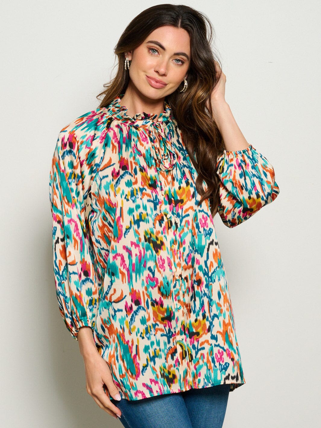 WOMEN'S LONG SLEEVE MUTI PRINT TUNIC BLOUSE TOP
