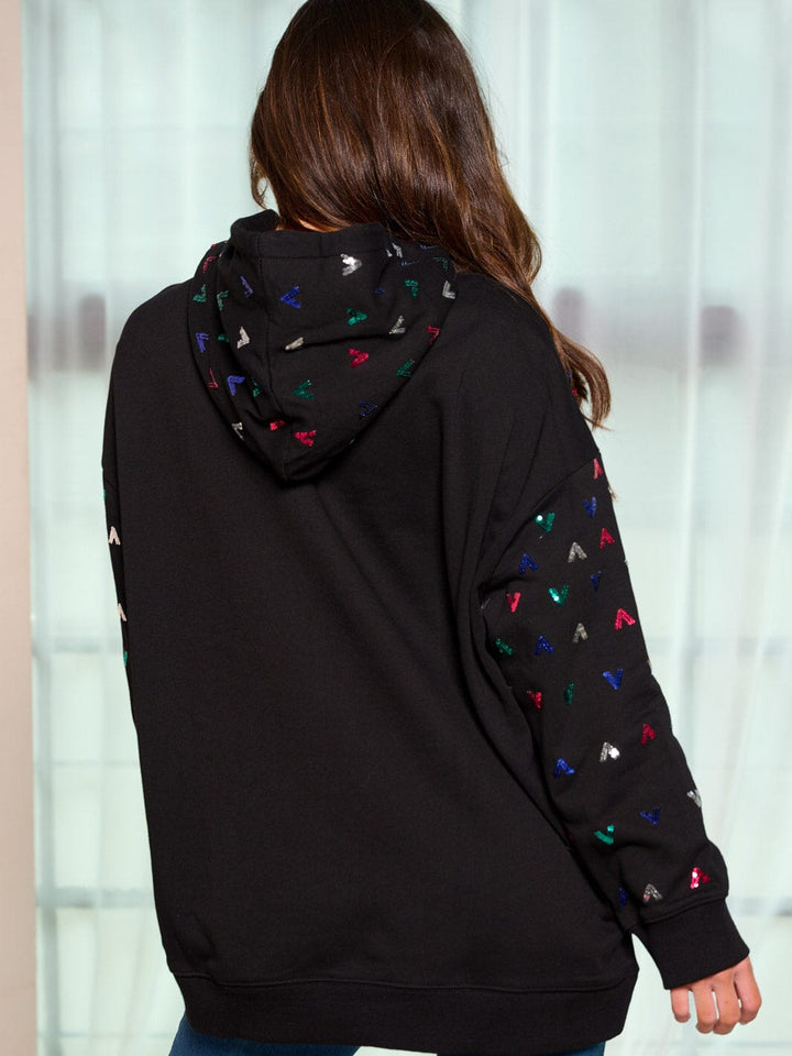 WOMEN'S LONG SLEEVE FRONT POCKETS HOODED SEQUINS DETAILED PULLOVER SWEATER