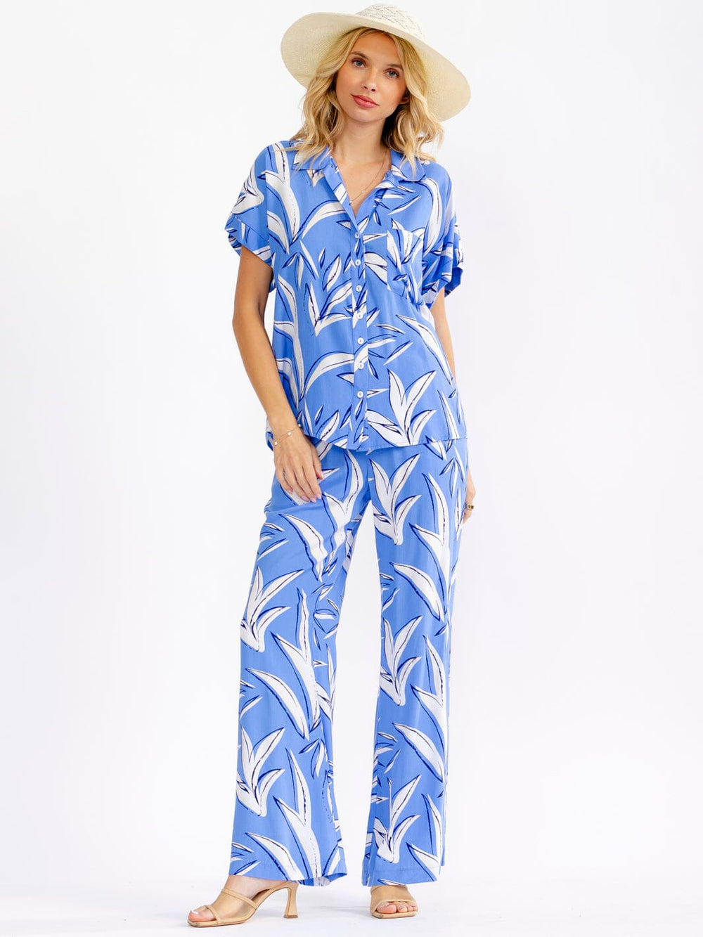 WOMEN'S ELASTIC WAIST FRONT POCKETS LEAF PRINT PANTS