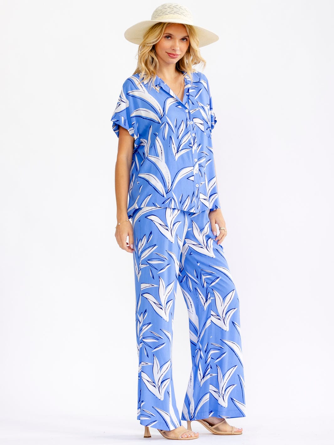 WOMEN'S ELASTIC WAIST FRONT POCKETS LEAF PRINT PANTS