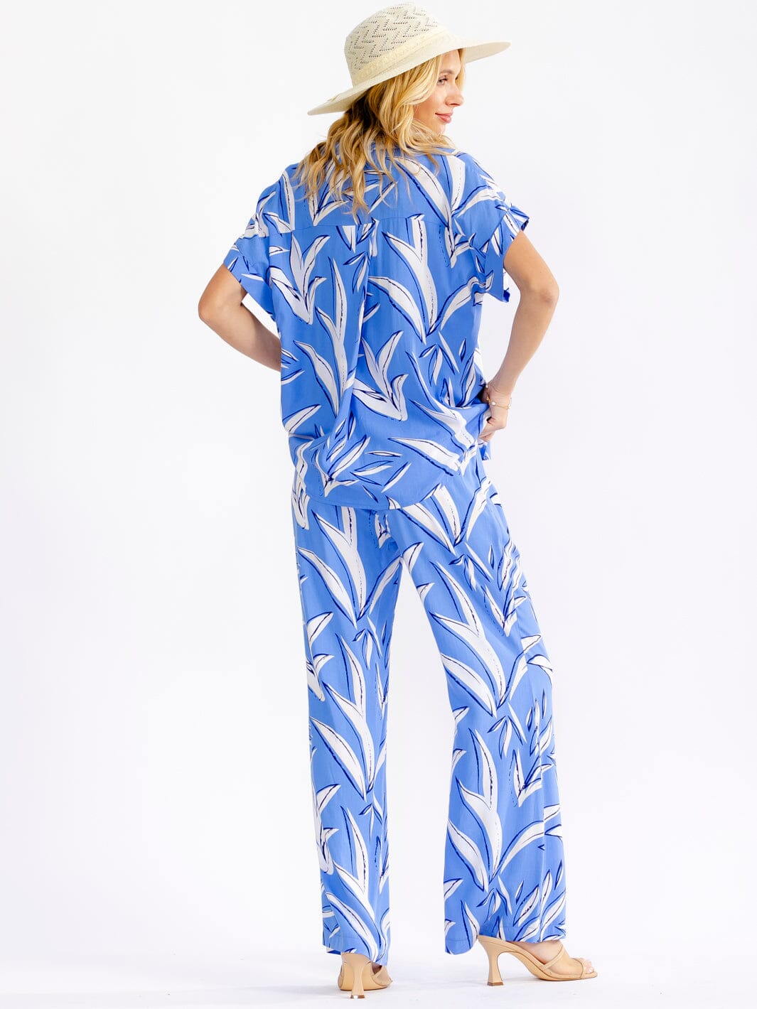 WOMEN'S ELASTIC WAIST FRONT POCKETS LEAF PRINT PANTS