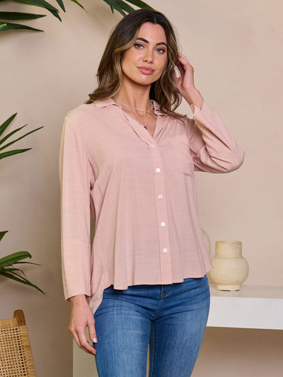 WOMEN'S LONG SLEEVE V-NECK BUTTON UP HIGH-LOW BLOUSE TOP