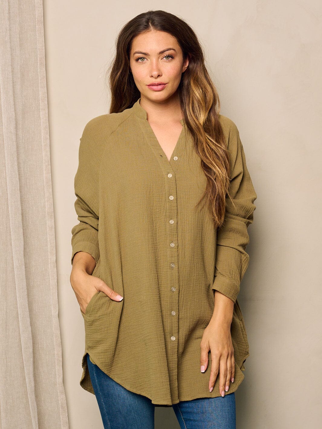 WOMEN'S LONG SLEEVE BUTTON UP POCKETS TUNIC BLOUSE TOP