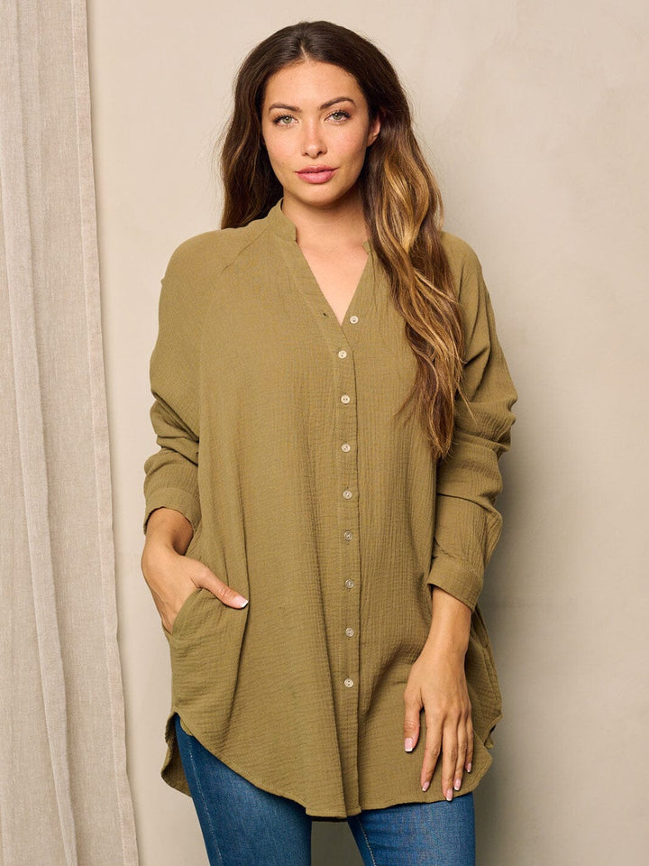 WOMEN'S LONG SLEEVE BUTTON UP POCKETS TUNIC BLOUSE TOP