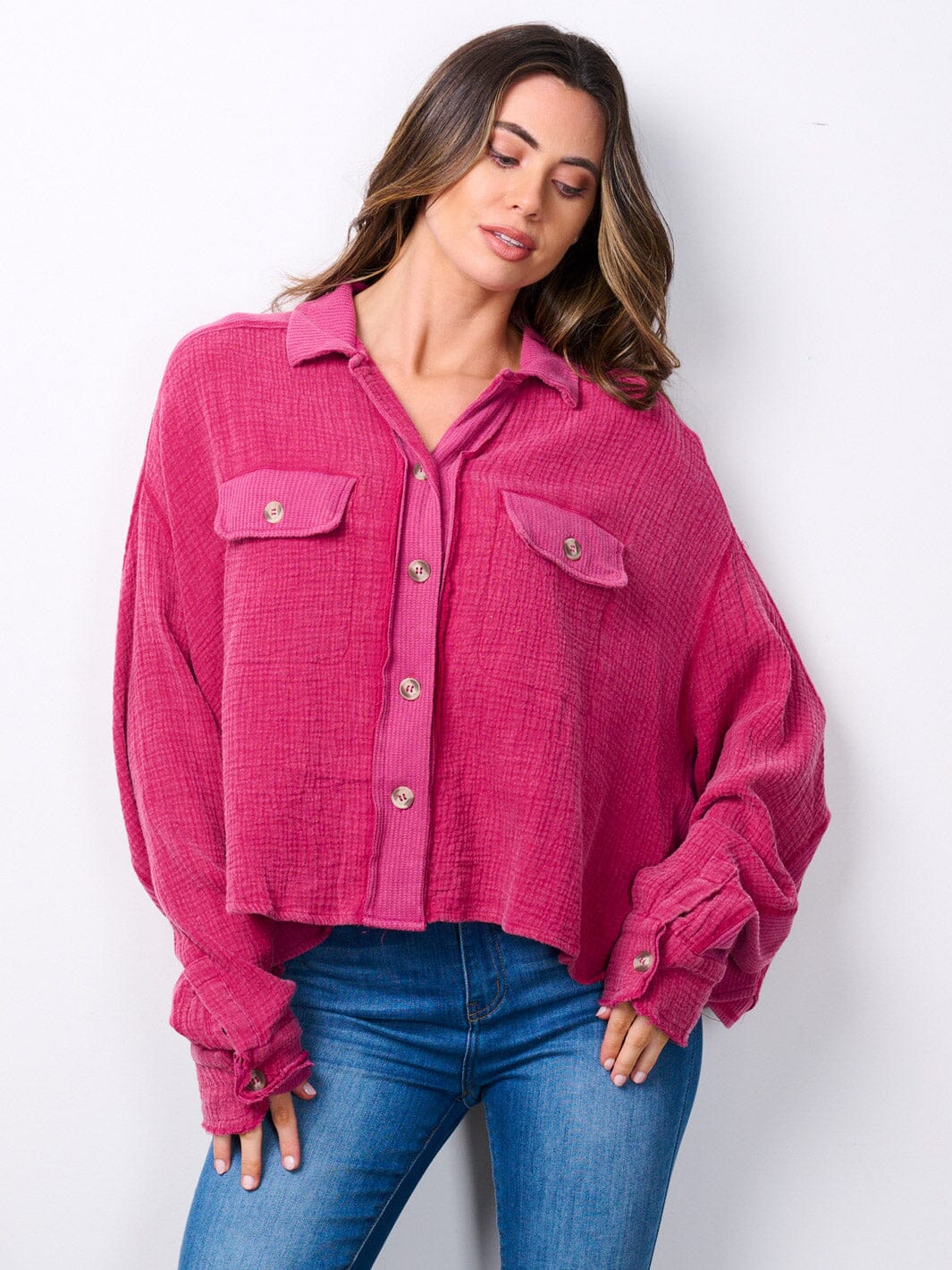 WOMEN'S LONG SLEEVE BUTTON UP OVERSIZED TOP