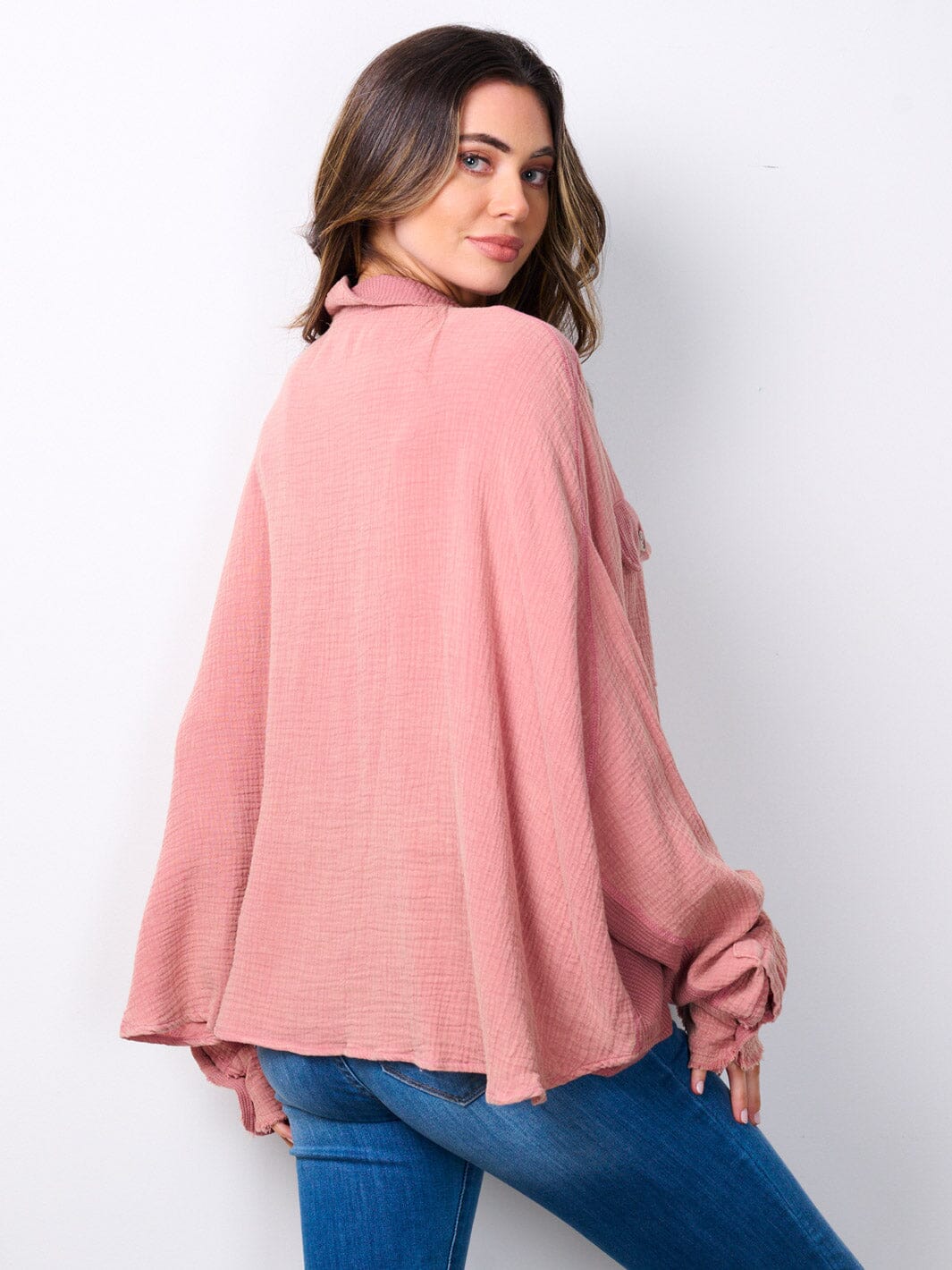 WOMEN'S LONG SLEEVE BUTTON UP OVERSIZED TOP