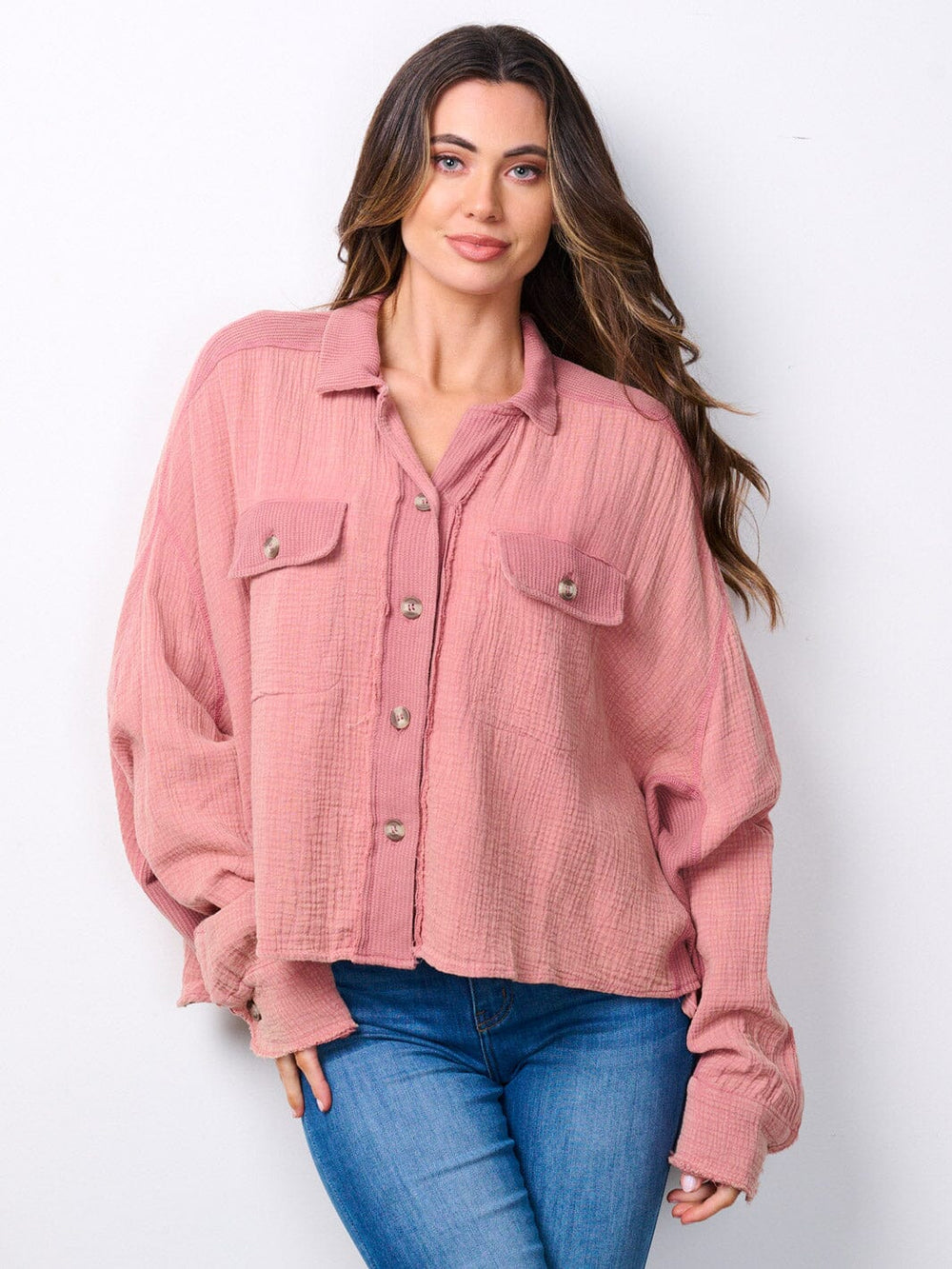 WOMEN'S LONG SLEEVE BUTTON UP OVERSIZED TOP