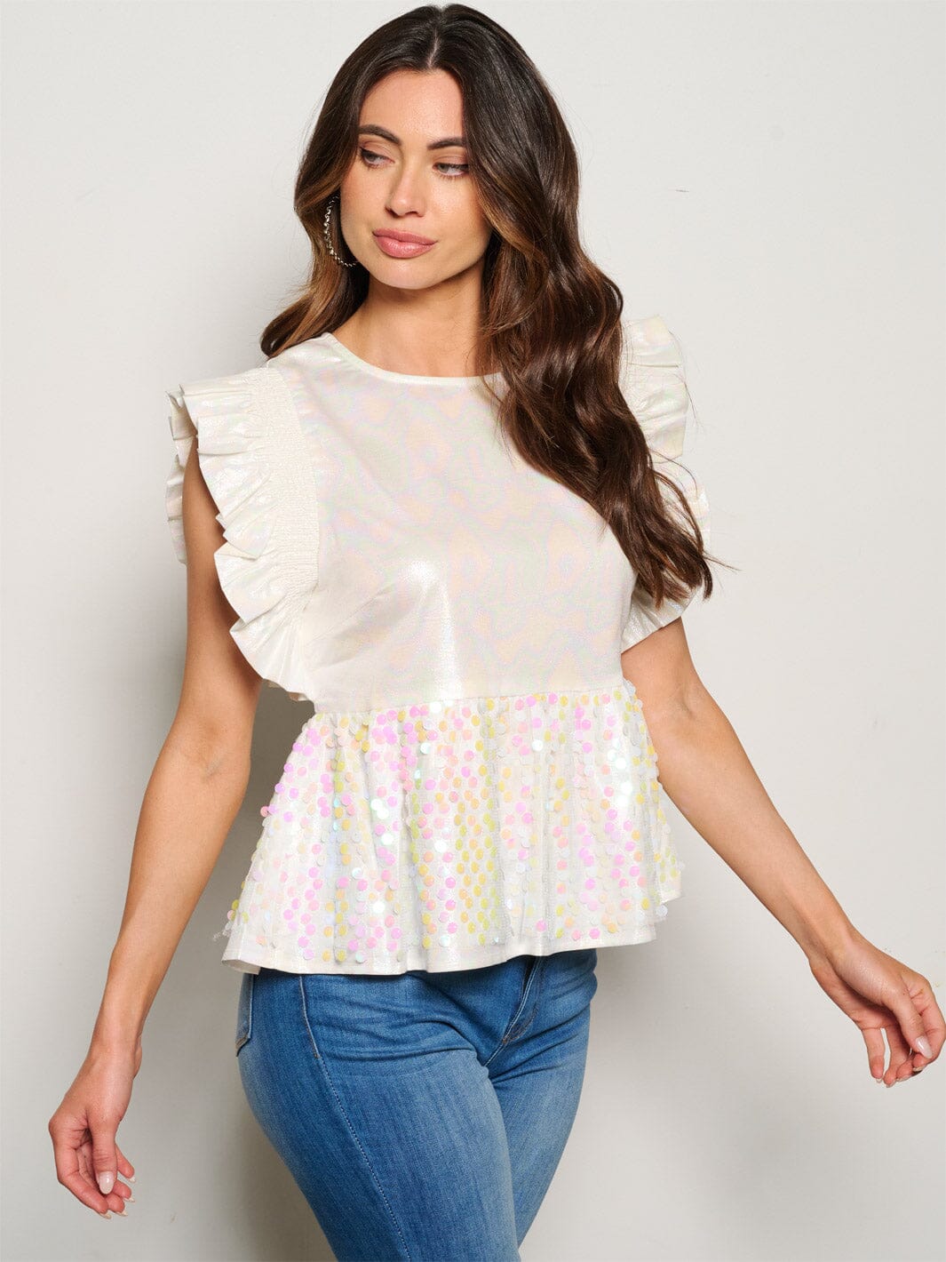 WOMEN'S RUFFLE SLEEVE SHIMMER SEQUINS PEPLUM BLOUSE TOP