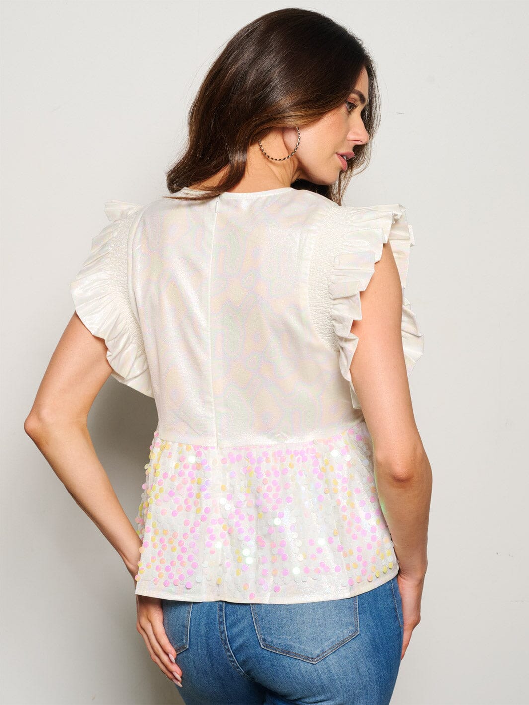 WOMEN'S RUFFLE SLEEVE SHIMMER SEQUINS PEPLUM BLOUSE TOP