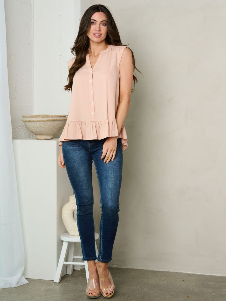 WOMEN'S SLEEVELESS BUTTON UP RUFFLE TUNIC TOP