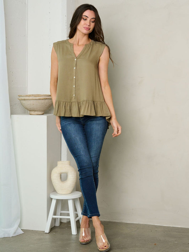 WOMEN'S SLEEVELESS BUTTON UP RUFFLE TUNIC TOP