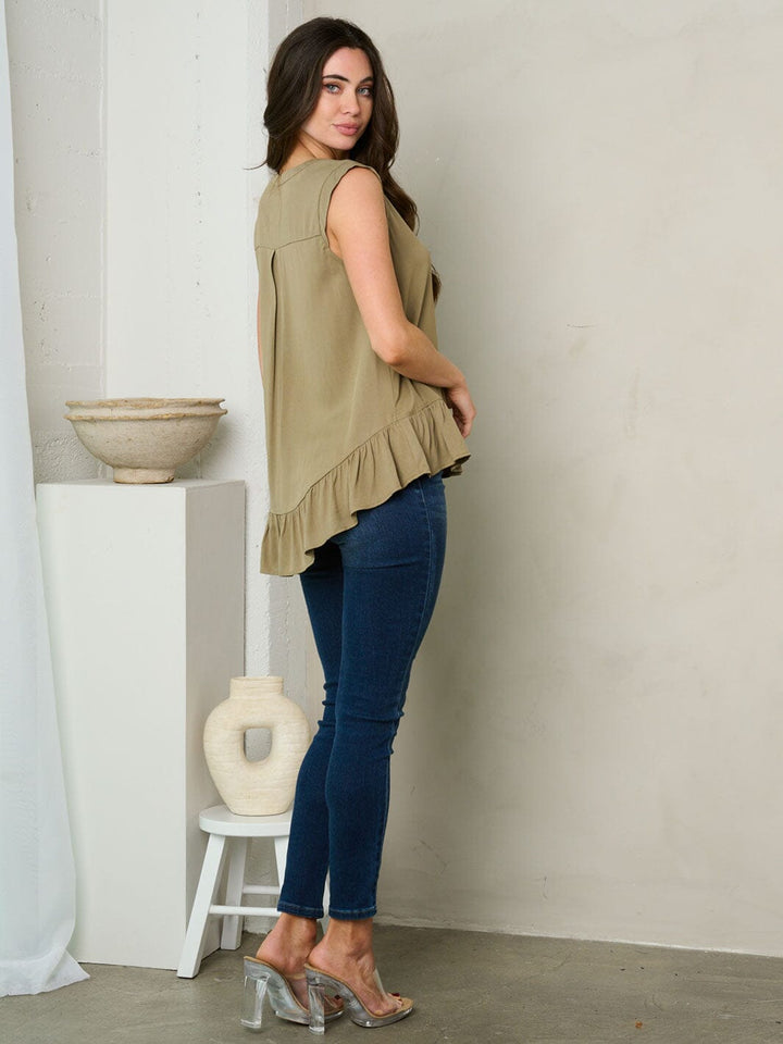 WOMEN'S SLEEVELESS BUTTON UP RUFFLE TUNIC TOP