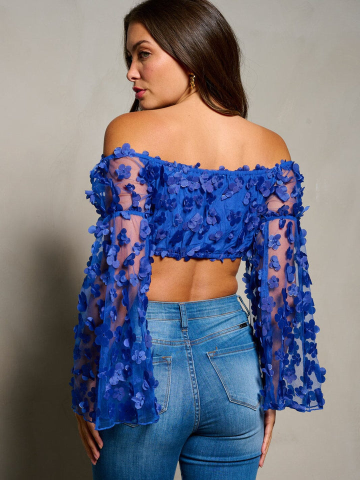 WOMEN'S LONG BELL SLEEVE OFF SHOULDER FLOWERS DETAILED CROP TOP