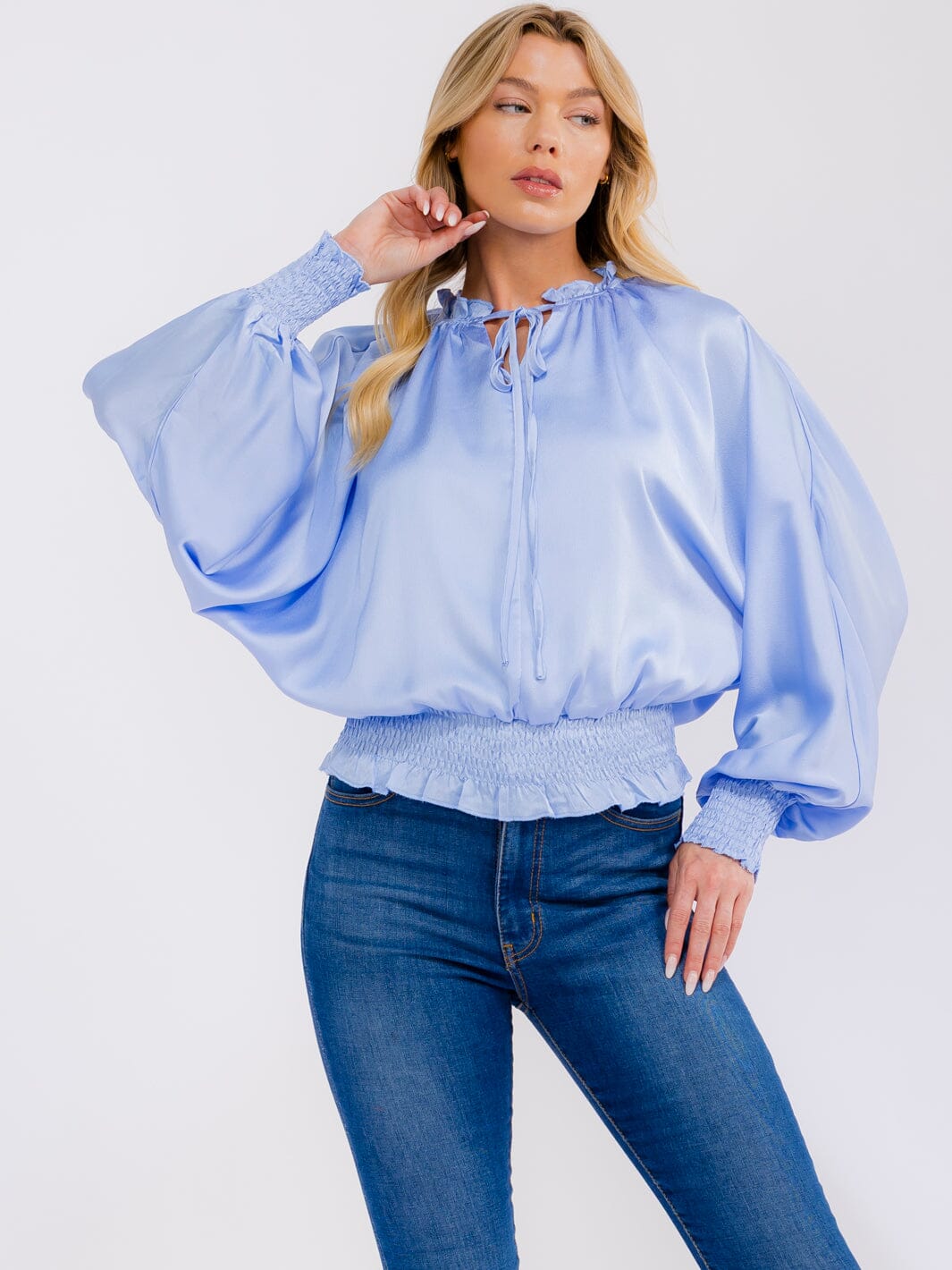 WOMEN'S LONG SLEEVE ELASTIC WAIST BLOUSE