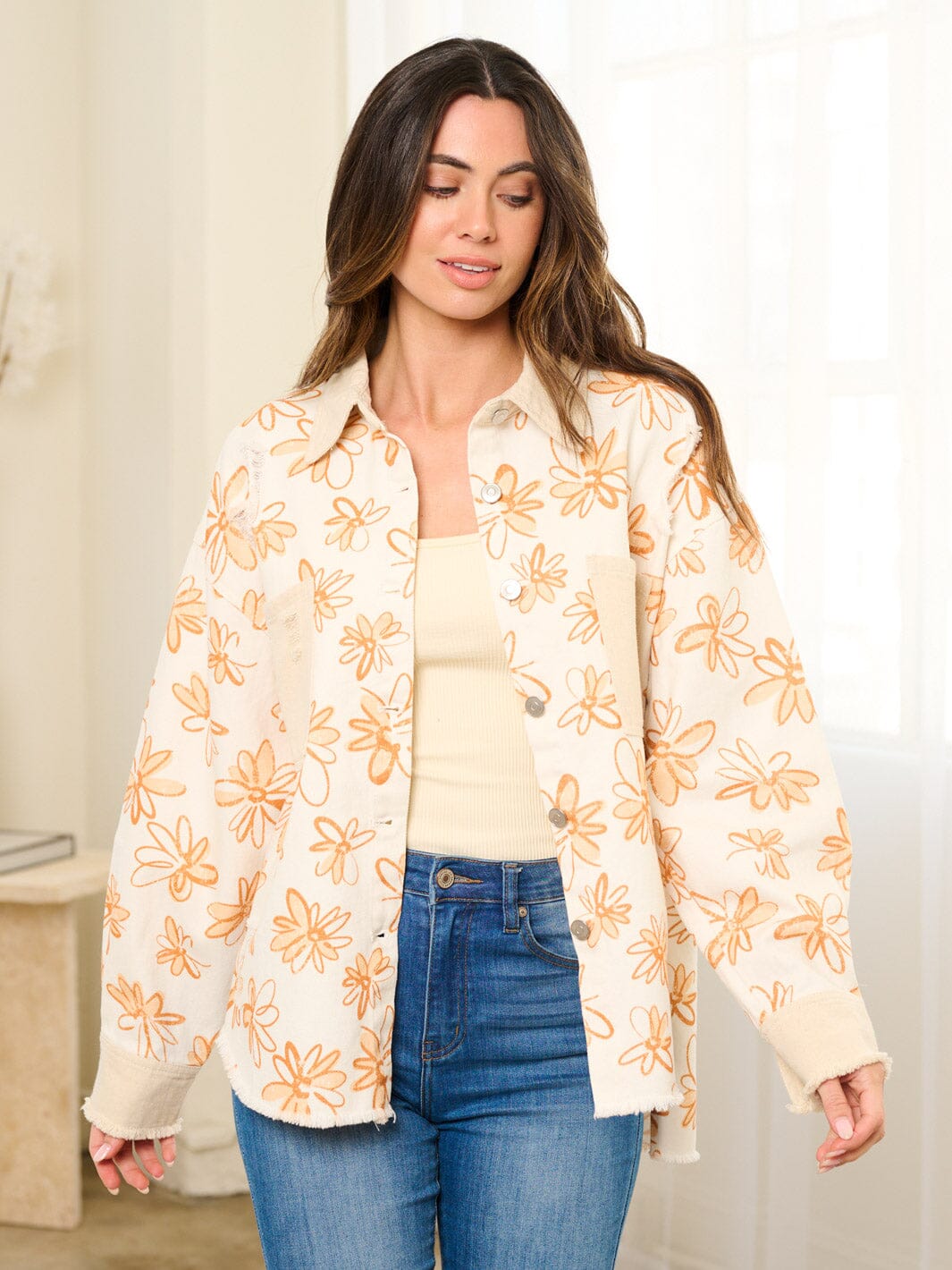 WOMEN'S LONG SLEEVE BUTTON CLOSURE FLOWERS POCKETS DENIM JACKET