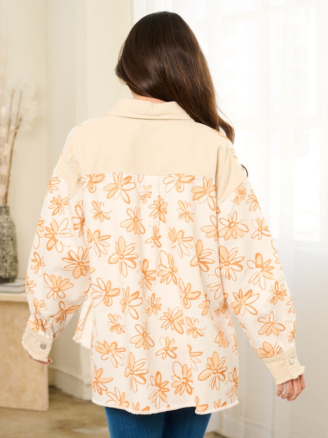 WOMEN'S LONG SLEEVE BUTTON CLOSURE FLOWERS POCKETS DENIM JACKET