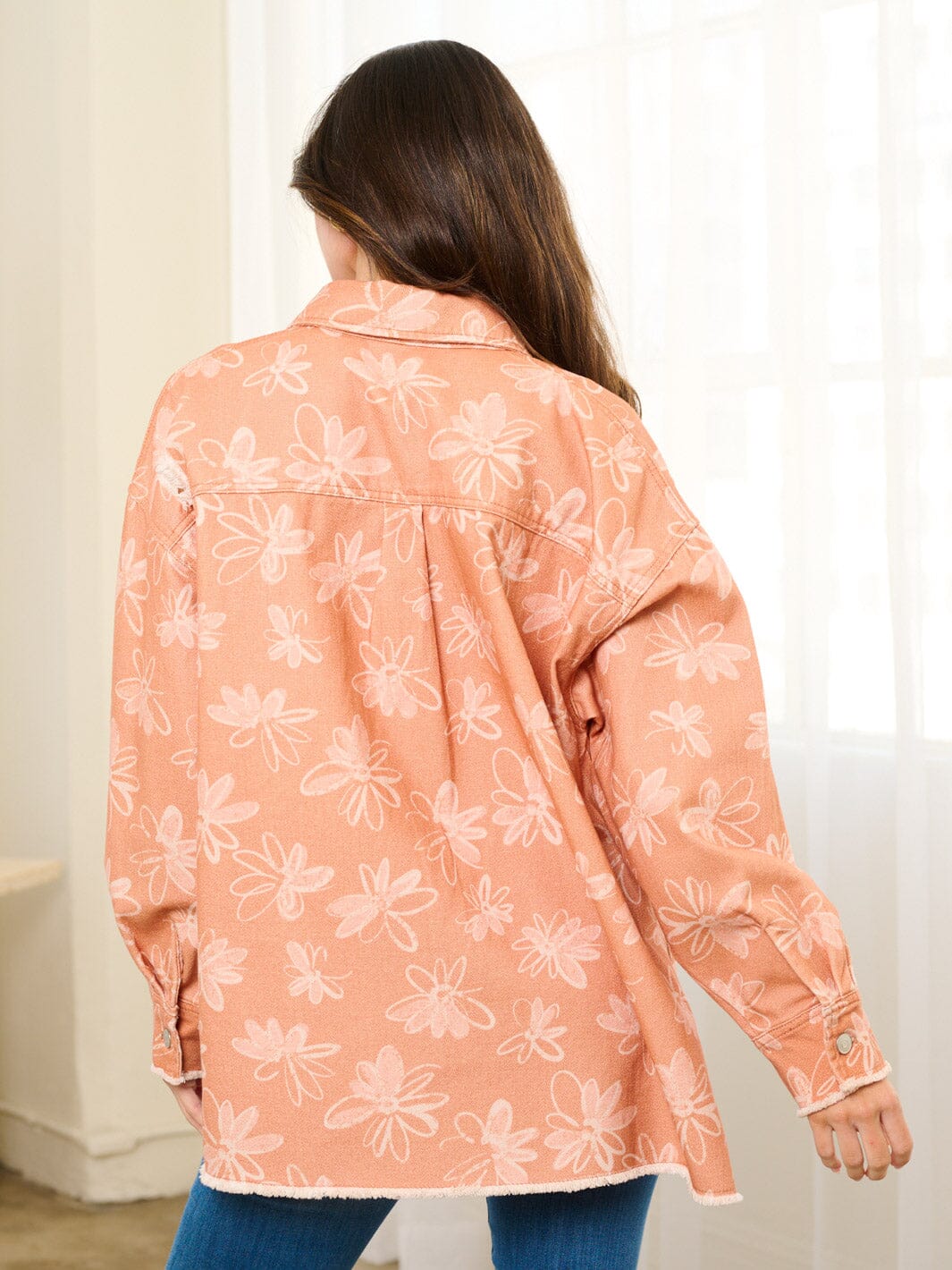 WOMEN'S LONG SLEEVE BUTTON CLOSURE FLOWERS POCKETS DENIM JACKET