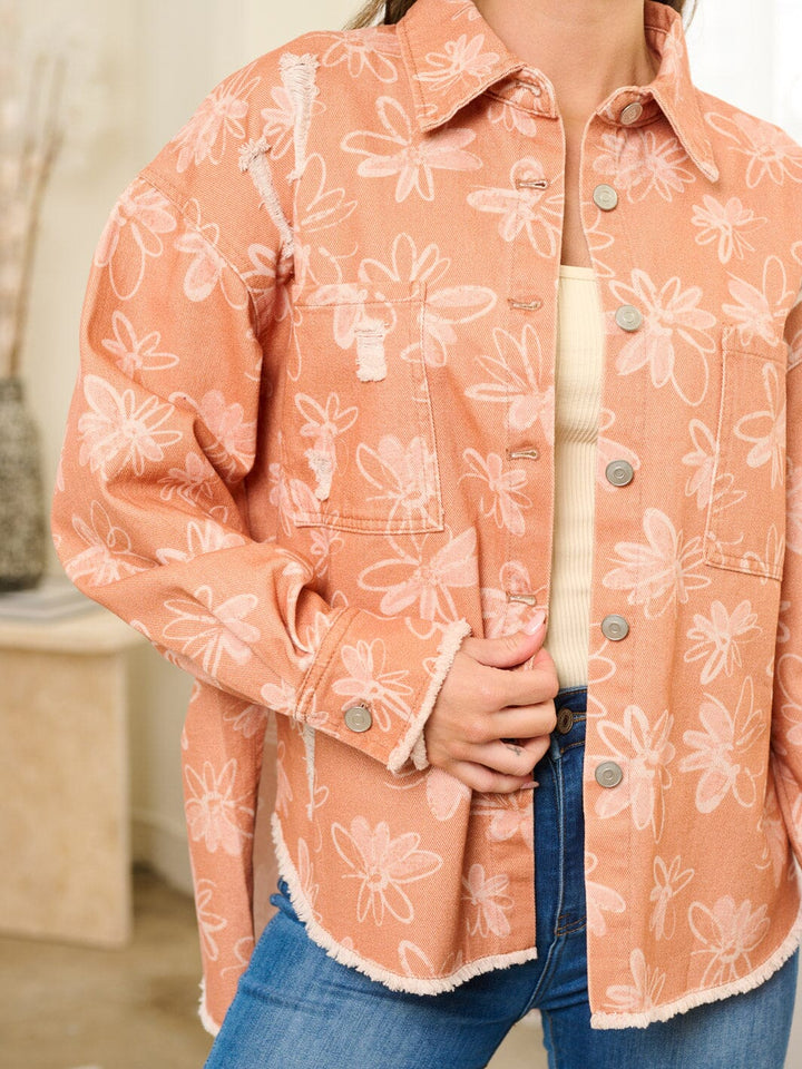 WOMEN'S LONG SLEEVE BUTTON CLOSURE FLOWERS POCKETS DENIM JACKET