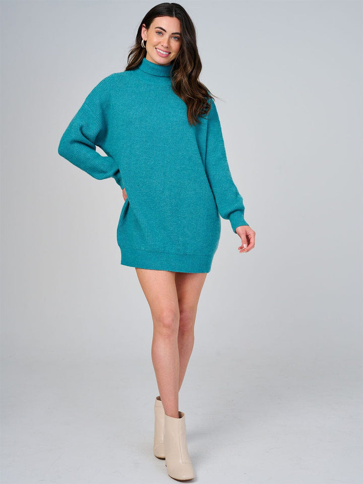 WOMEN'S LONG SLEEVE TURTLE NECK LOOSE FIT KNIT MINI DRESS
