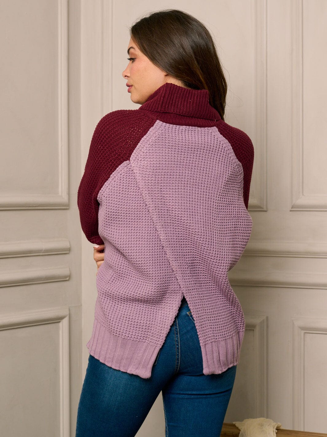 WOMEN'S LONG SLEEVE TURTLE NECK PULLOVER BACK SURPLICE SWEATER