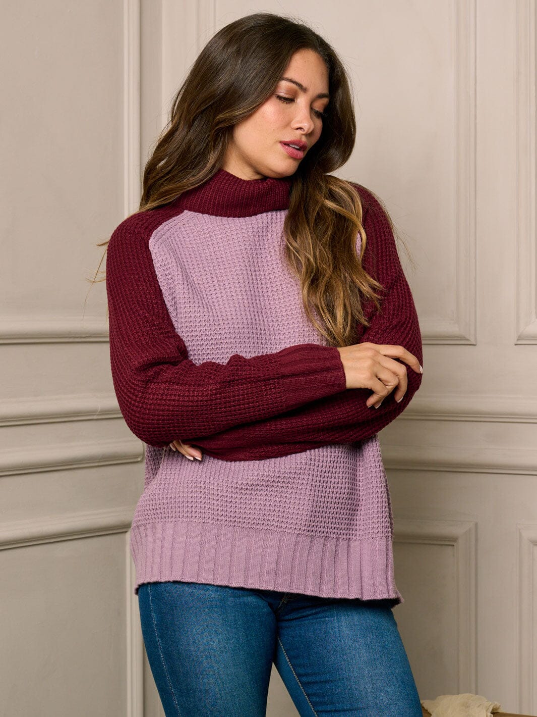 WOMEN'S LONG SLEEVE TURTLE NECK PULLOVER BACK SURPLICE SWEATER