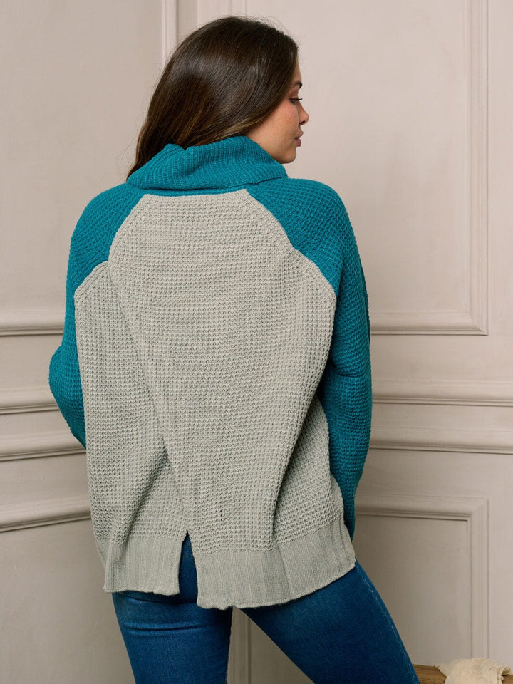 WOMEN'S LONG SLEEVE TURTLE NECK PULLOVER BACK SURPLICE SWEATER