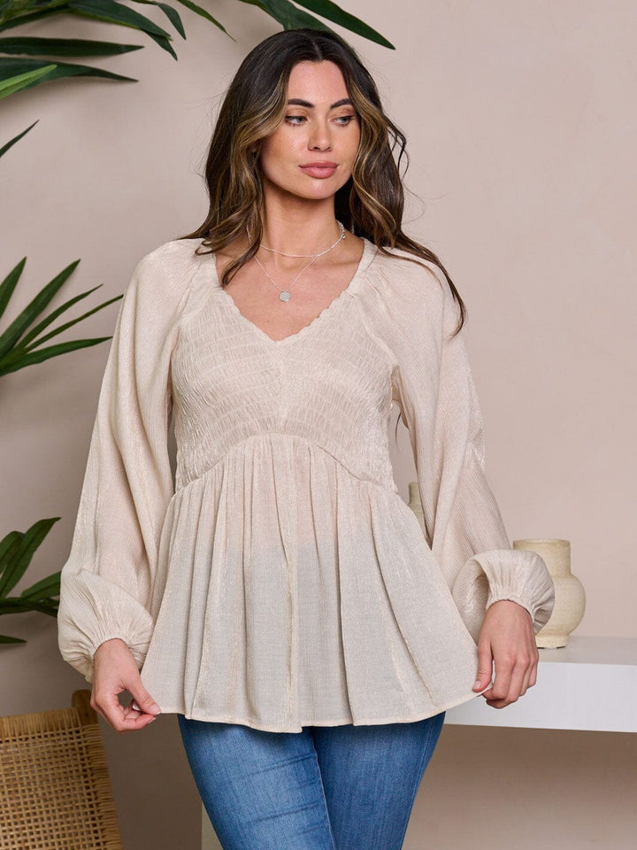 WOMEN'S LONG SLEEVE V-NECK SMOCK PEPLUM BLOUSE TOP