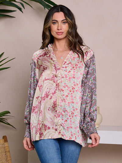 WOMEN'S LONG SLEEVE BUTTON UP MULTI PRINT BLOUSE TOP