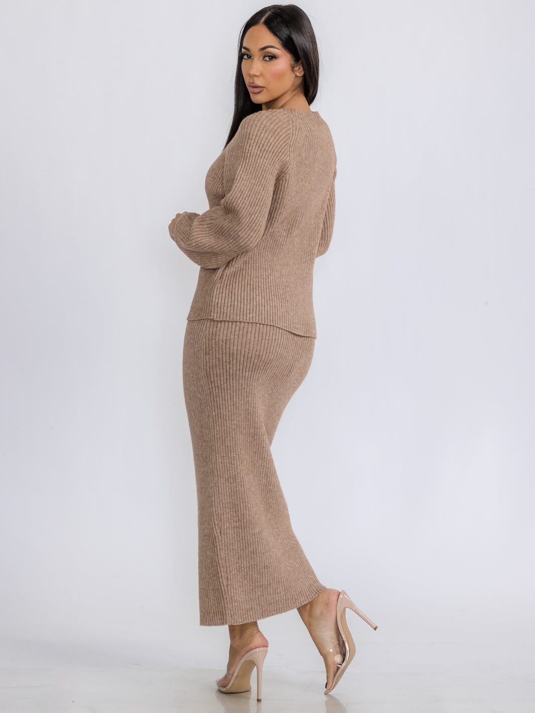 WOMEN'S ELASTIC WAIST PENCIL RIBBED MAXI SKIRT