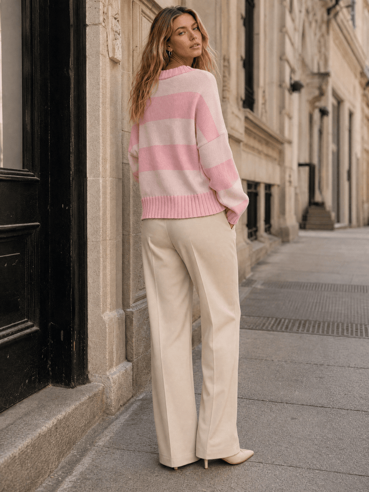 WOMEN'S LONG SLEEVE V-NECK COLORBLOCK STRIPES SWEATER