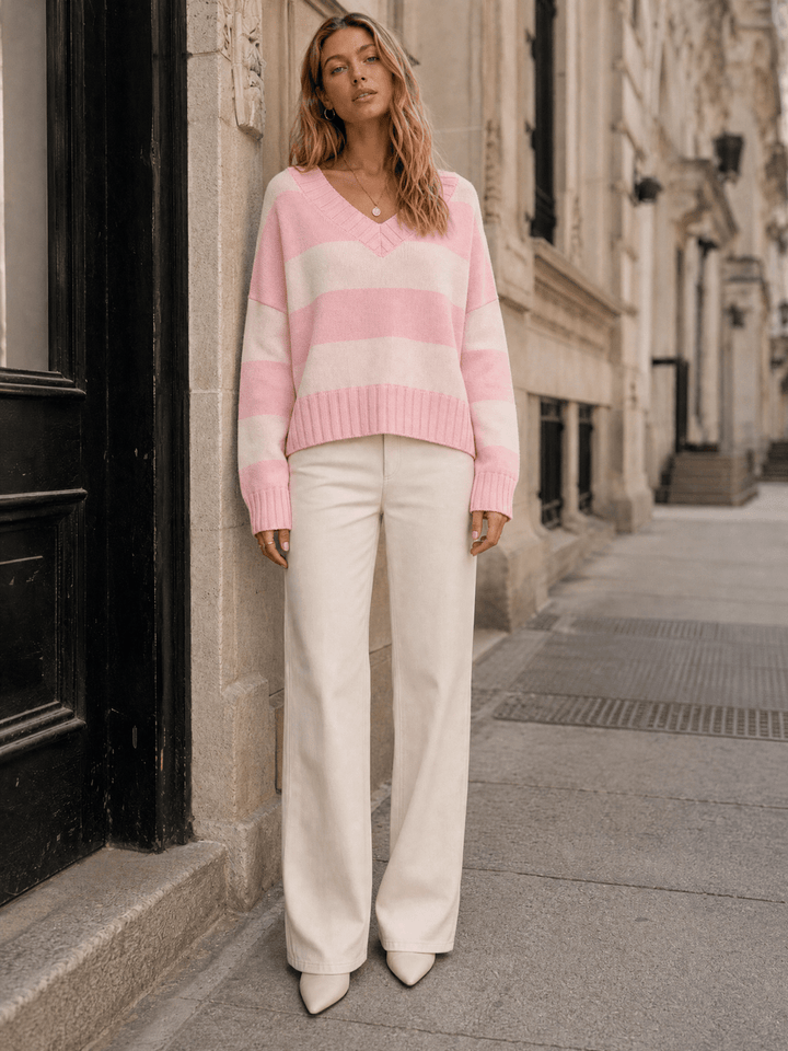 WOMEN'S LONG SLEEVE V-NECK COLORBLOCK STRIPES SWEATER