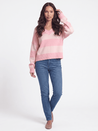 WOMEN'S LONG SLEEVE V-NECK COLORBLOCK STRIPES SWEATER