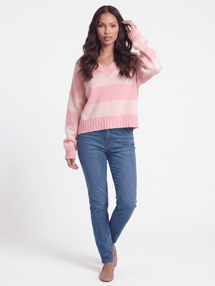 WOMEN'S LONG SLEEVE V-NECK COLORBLOCK STRIPES SWEATER